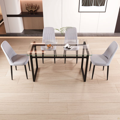 Ensemble de table de salle à manger 51 "en verre pour 4 personnes, ensemble de cuisine avec table et chaises en métal