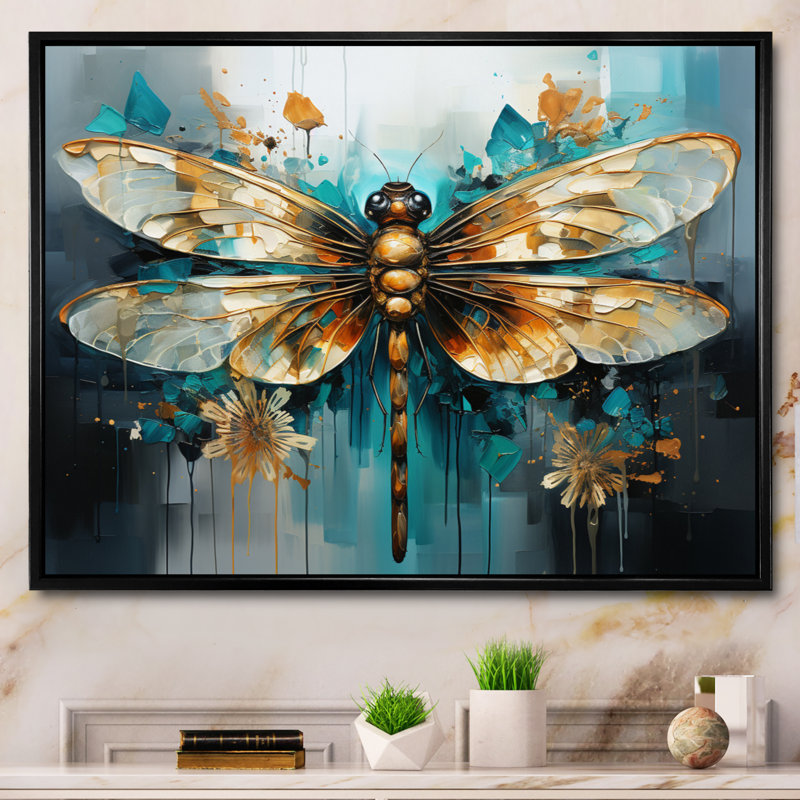 Bleu sarcelle, turquoise, libellule, gouttes I - Libellule, art mural, Cadre flottant noir, H 12 po x l 20 po x P 1 po