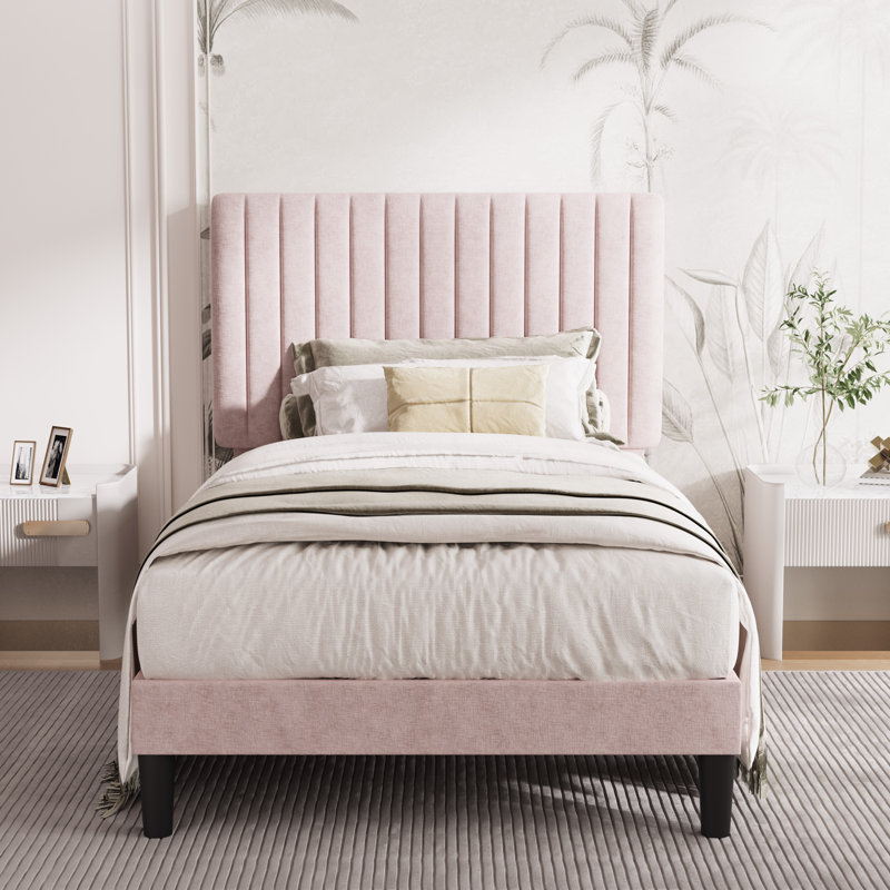 Dunphy Upholstered Platform Bed with Adjustable Headboard, Twin, Sakura Pink
