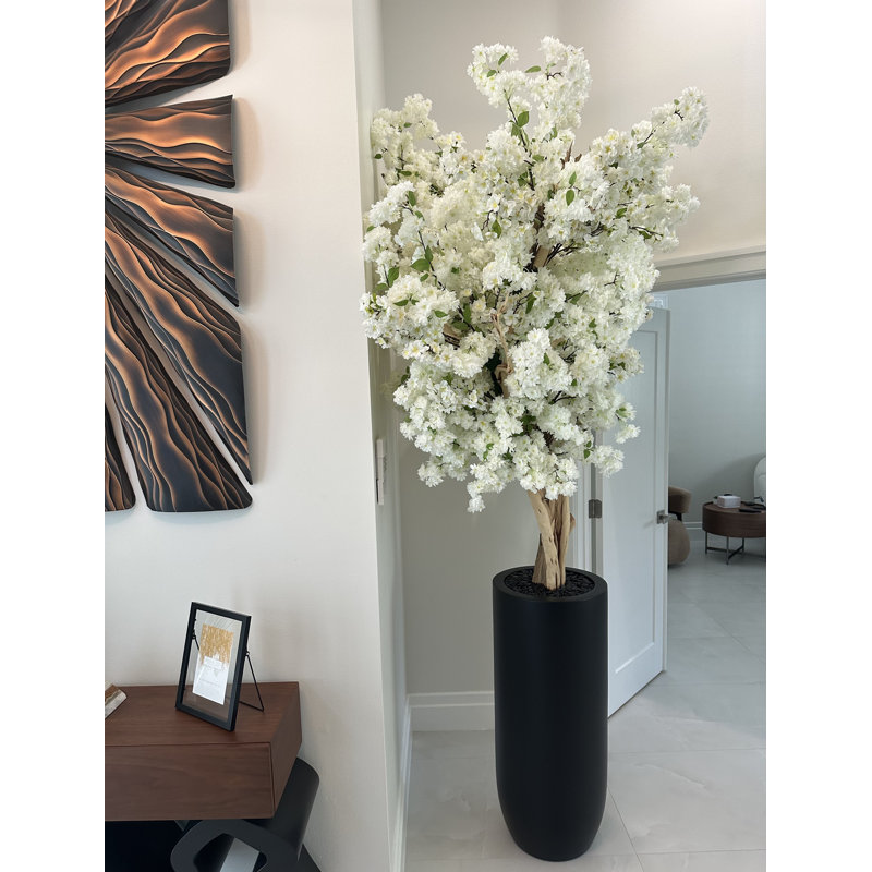 White Cherry Blossom Tree In Matte Planter, White