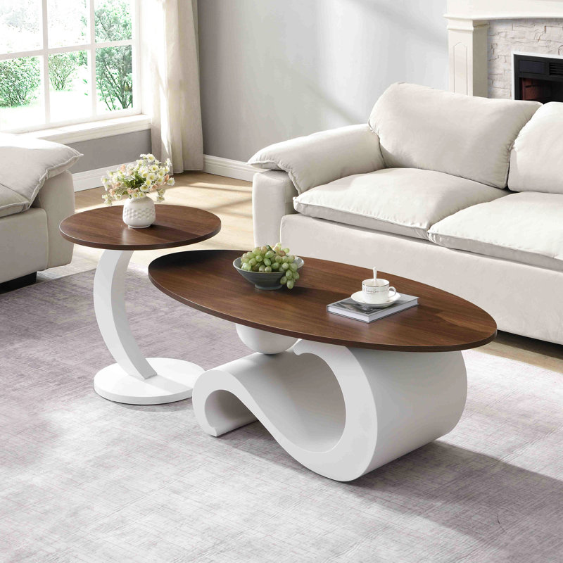 2 tables basses ovales et rondes blanches pour l'espace de vie principal, grande table 47,24 po, petite structure métallique 19,69 po, installation facile