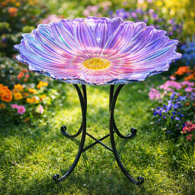 Bain d'oiseaux extérieur, bain d'oiseaux à fleurs mauves avec support en métal, oiseaux attrayants, décoration de jardin de patio, décoration extérieure