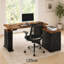 Bureau d'angle électrique en forme de L (140 cm x 120 cm) avec tiroirs de rangement, hauteur réglable, prises électriques, plateau relevable, style ferme, idéal pour le télétravail.-297264195