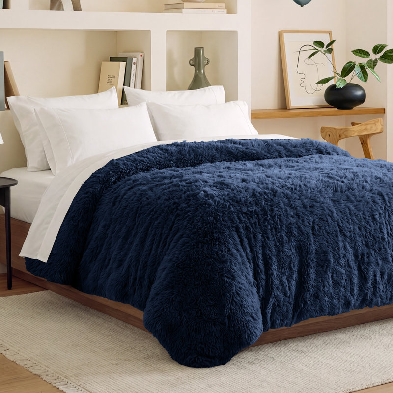 Shaggy Fleece Plush Duvet Cover, Twin XL Duvet Cover, Dark Blue