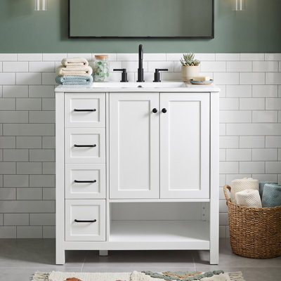 Meuble-lavabo autoportant de 76 cm (30 po) en bois massif et MDF avec lavabo intégré en céramique, armoire de salle de bain blanche avec 2 portes et tiroirs à fermeture amortie, poignées et tablette ouverte