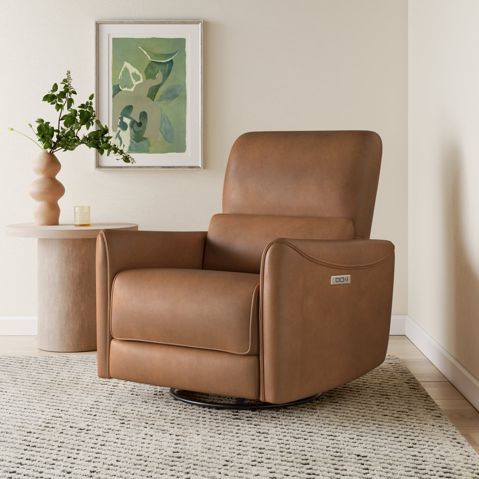 Santo Genuine Leather Swivel Power Recliner, Aline Butternut Top Grain Leather