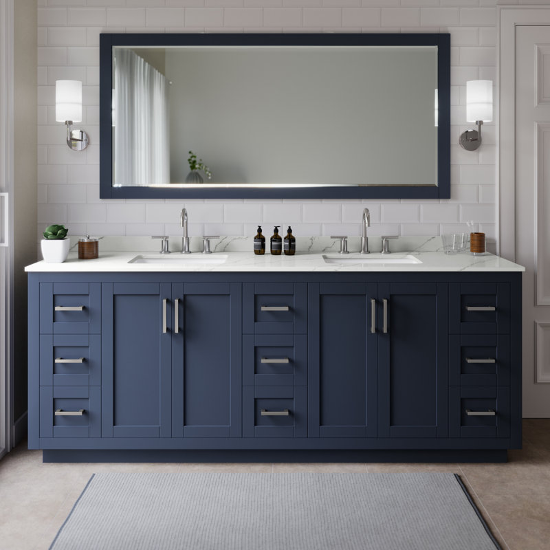 Miranda 84" Freestanding Double Bathroom Vanity with Quartz Top, Dark Blue, Giotto Quartz, Brushed Nickel