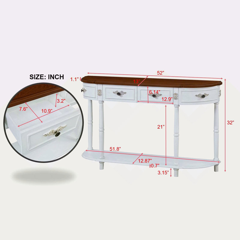 Retro Curved Wood Console Table, 52 Inch Circular Half Moon Sofa Table With Open Shelf And 2 Drawers, Solid Wood Entry Table For Living Room, Hallway