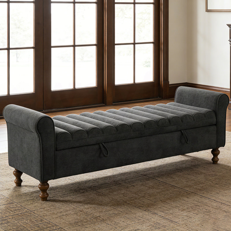 Chira Dark Gray Napped Fabric Upholstered with Arms,Flip Top Tufted Storage Ottoman, Dark Gray