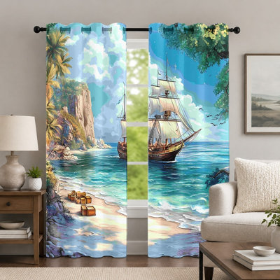 2Pcs Nautical Ocean Theme Curtains, Scenic Seascape Sailboat Pattern Curtain, Artistic Coastal Landscape Printed Grommet Drapes, Window Treatment for Bedroom Living Room Decor