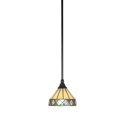Stem Hung Mini Pendant Shown In Matte Black Finish With 7" Diamond Peak Art Glass