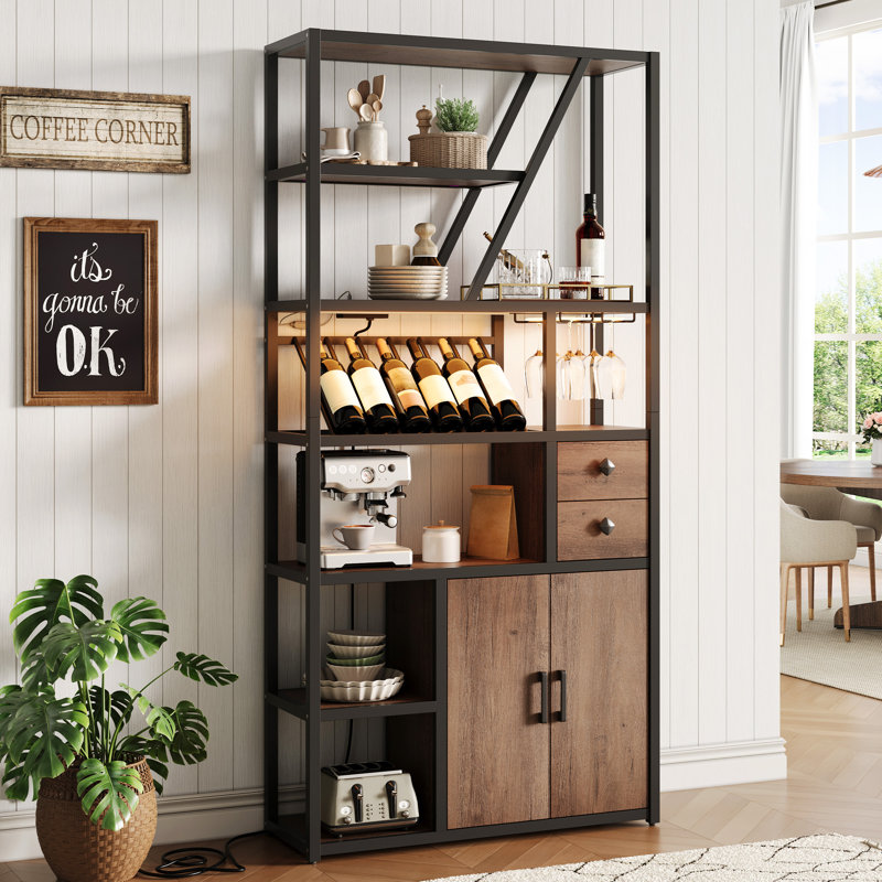 Armoire à vin avec rangement, plancher autoportant pour porte-bouteilles, rangement pour bar à café, Brun