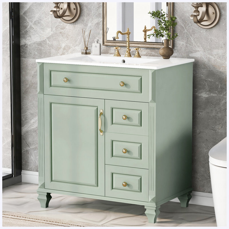 Meuble-lavabo autoportant de 30 po avec lavabo en céramique, tiroir escamotable, 3 tiroirs et armoire de rangement, bois massif et panneau de fibres à densité moyenne, vert