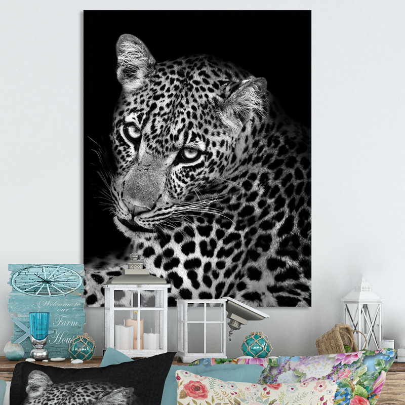 Léopard en noir et blanc II - reproduction d'art sur toile, H 36 po x l 24 po x P 1 po, Toile tendue