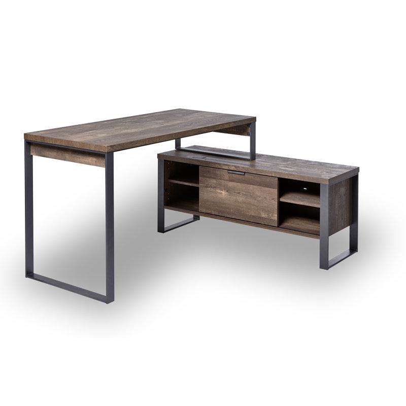 Draylen L-Shaped Metal Base Credenza Desk, Gray/Black