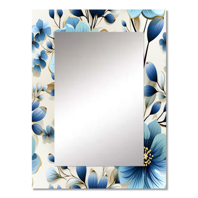 Blue Coastal Elegance Floral Pattern - Floral Decorative Mirror, Cottage Large Wall Mirror, Printed Metal Art