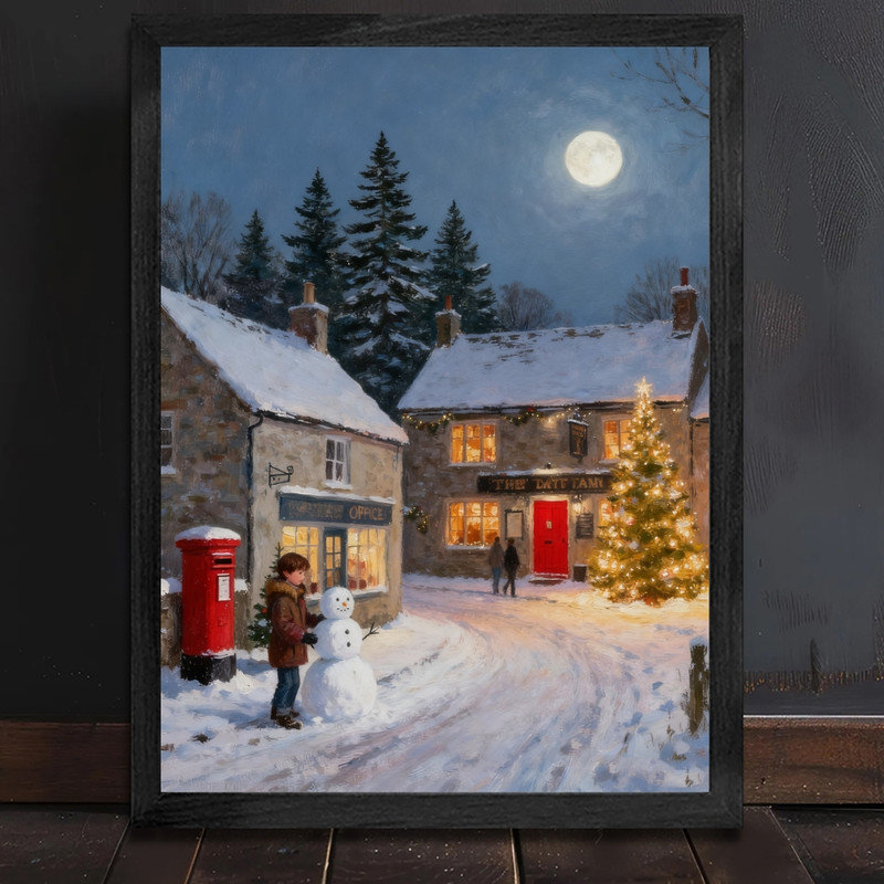 Encadrement noir, village de Noël enchanteur, impression d'art rétro, H 37 po x l 25 po