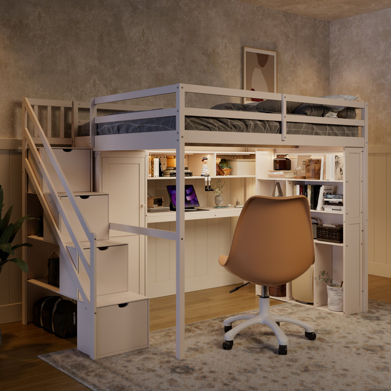Full Loft Bed Frame with Built-In Wardrobe, Study Desk, Storage Shelves &  Lights, Space-Saving Design for Bedroom-Beige