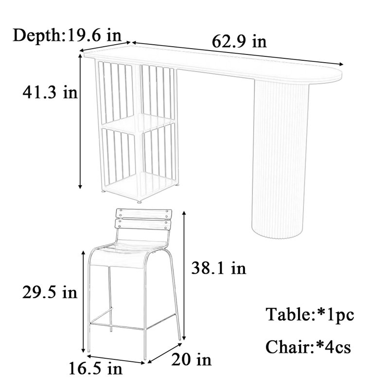 Table et chaise de bar Light Luxury, Blanc, H 41,3 po x L 62,9 po x l 19,6 po, Brun / Argenté