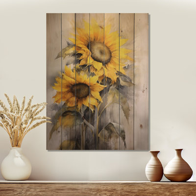 Yellow Grey Golden - Floral Print on Natural Pine Wood