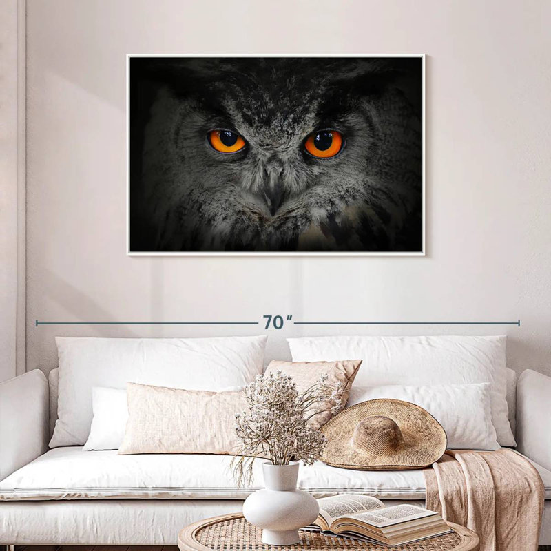Hibou gris envoûtant, Cadre flottant blanc, 43 po x 29 po