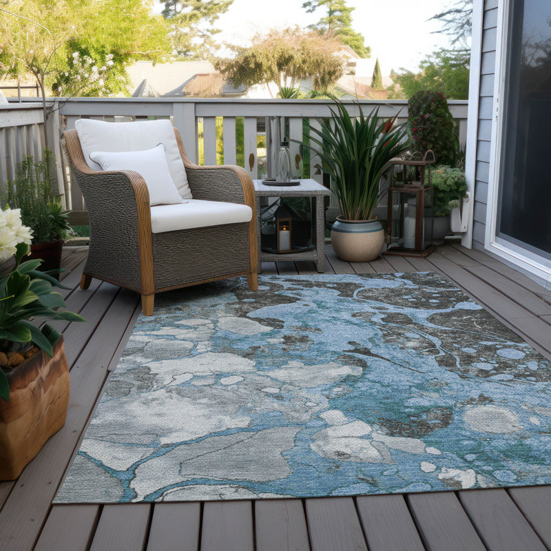 Machine Washable Indoor/Outdoor Xhevrie Blue Rug, Rectangle 9' x 12'