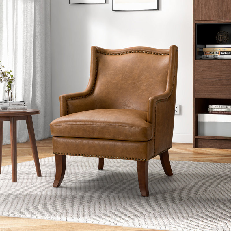 Annalecia Vegan Leather Wingback Armchair with Nailhead Trim, Brown Faux Leather