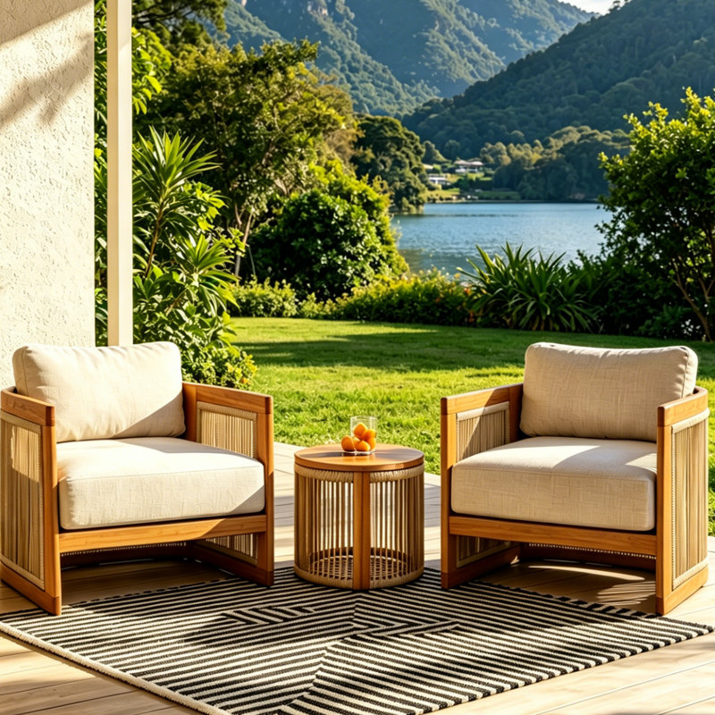 Ensemble de conversation d'extérieur en bois d'acacia avec coussins crème Guzal