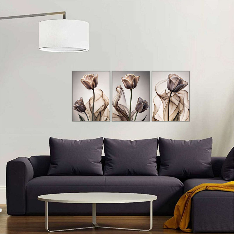Ensemble de 3 panneaux décoratifs muraux en sépia à motif floral abstrait sépia 3 pièces
