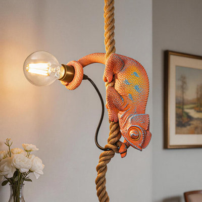 Lizard Pendant Light With Jute Rope And E26 Socket Hardwired Animal Design