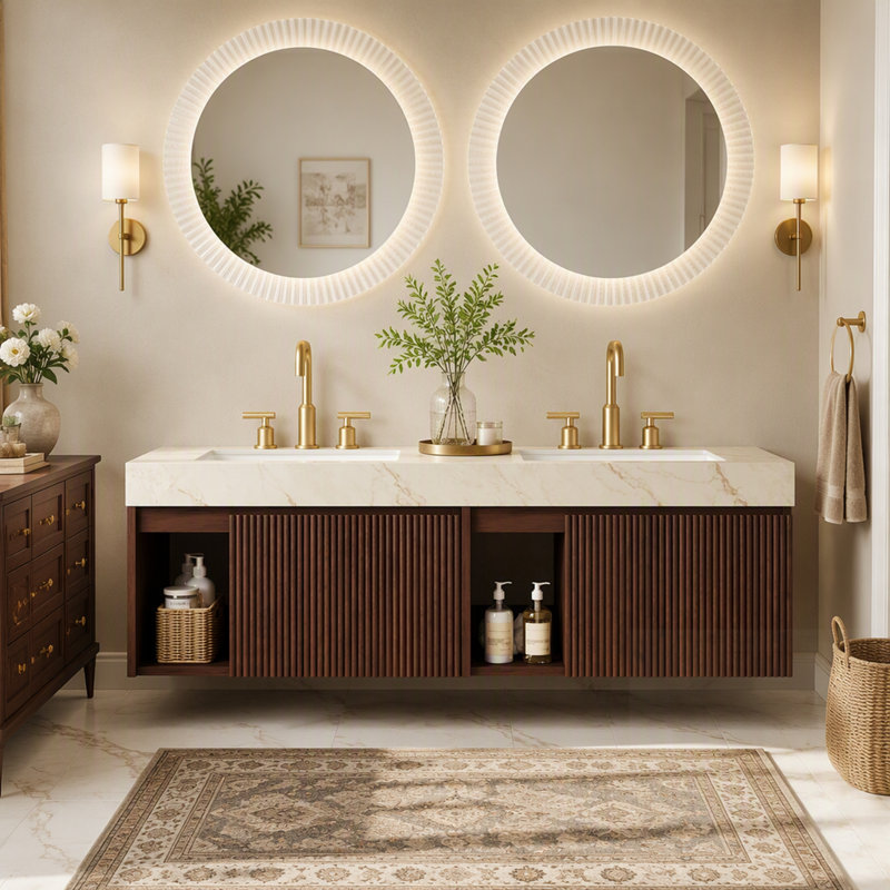 Meuble-lavabo avec lavabo, armoire de rangement suspendue, comptoir en pierre frittée veinée, 2 lavabos en céramique, 3 trous prépercés pour la robinetterie