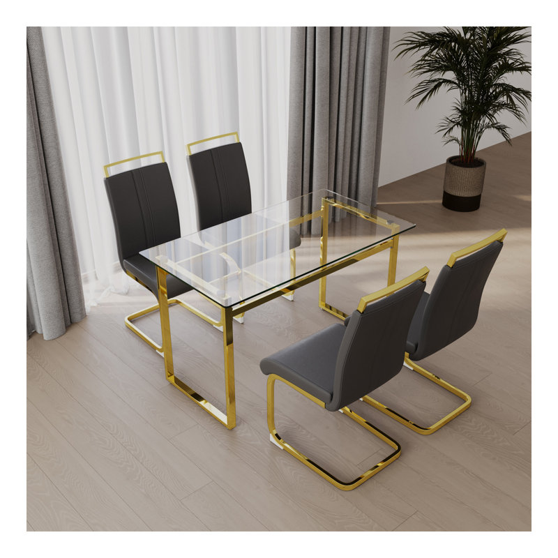 Ensemble de table de salle à manger de 51 pouces en verre pour 4 personnes, ensemble de table de salle à manger et chaises avec pieds plaqués pour la cuisine, plateau de table rectangulaire moderne en verre trempé et chaise de salle à manger en polyu