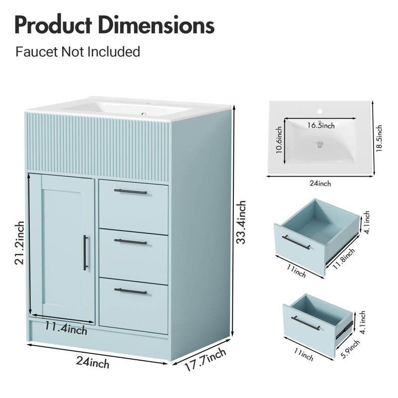 Ensemble de meuble-lavabo sur pied 24 po avec lavabo intégré et rangement 24 po Modern Blue, Bleu