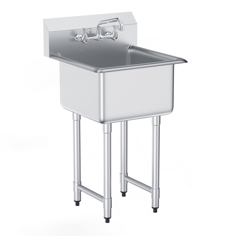 Évier de préparation et utilitaire en acier inoxydable, petit évier autoportant à 1 compartiment avec robinet et pieds, éviers à simple cuve commerciaux de 21 po x 41 po pour le garage, le restaurant, la cuisine et la buanderie