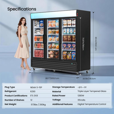 Congélateur présentoir commercial 81 pouces avec congélateur vertical de 70 pieds cubes avec porte vitrée en acier inoxydable sans gel et homologué ETL