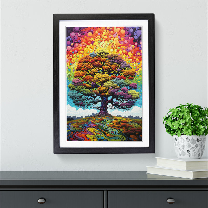 Oak Tree Colour Field No.2 - Single Picture Frame Print on Wood, Black , 64cm H x 46cm W x 2cm D