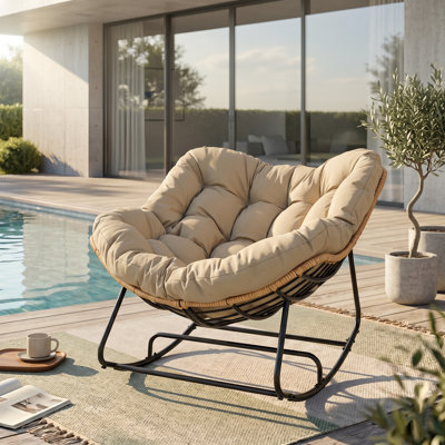 Fauteuil à bascule Papasan en osier pour l'extérieur et l'intérieur, avec coussin de 16 cm d'épaisseur et structure en acier en forme d'œuf.