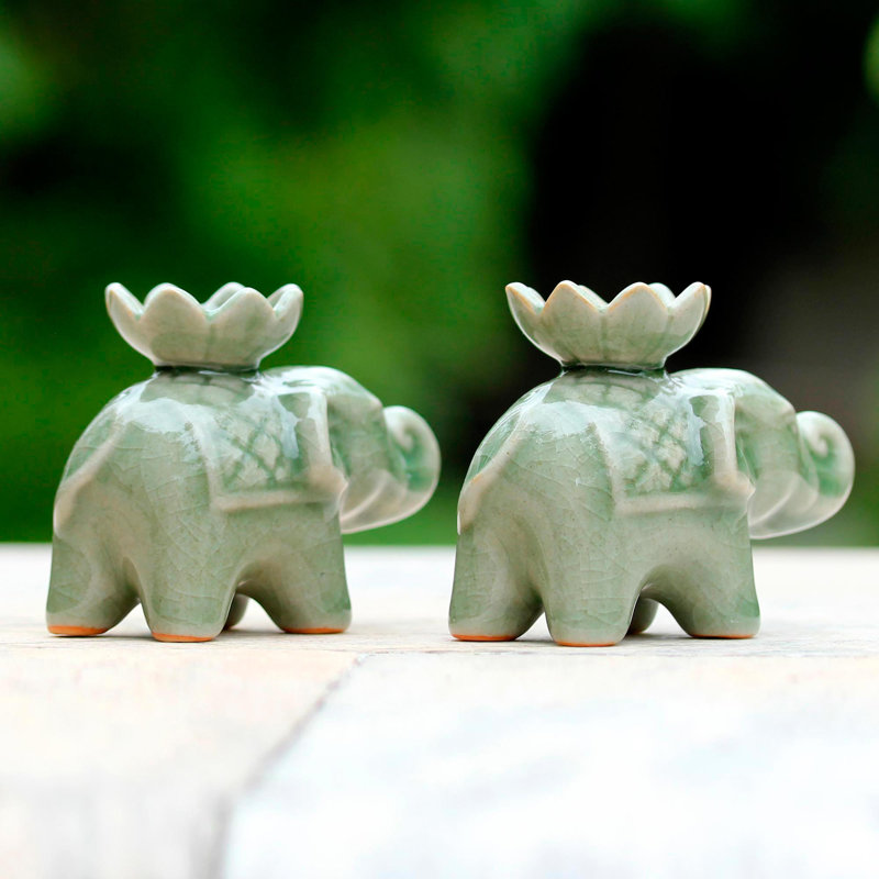 Porte-photophore en céramique lotus éléphant celadon