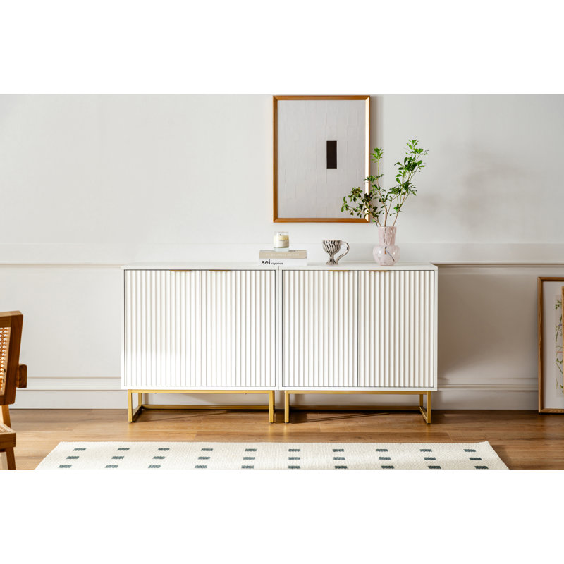 31.5" Tall 2 - Door Fluted Accent Cabinet,Sideboard with Adjustable Shelves, White/Gold, Black