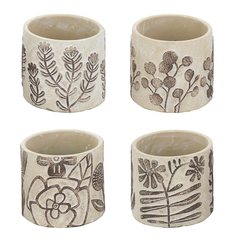 Gray Sand And Cement Planter , Brown Botanical Motifs, Home Room Decor Accents Of 4, - Planters, Traces, Succulent Collections