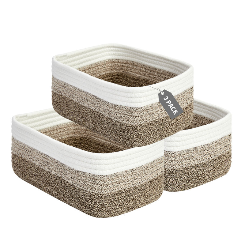 Ensemble de 3 paniers de rangement rectangulaires en corde de coton tressée souple (30 x 19 x 12 cm) sans poignées. Parfait pour ranger des placards, des salles de bain, des chambres d'enfants, des jouets, du maquillage et d'autres objets.