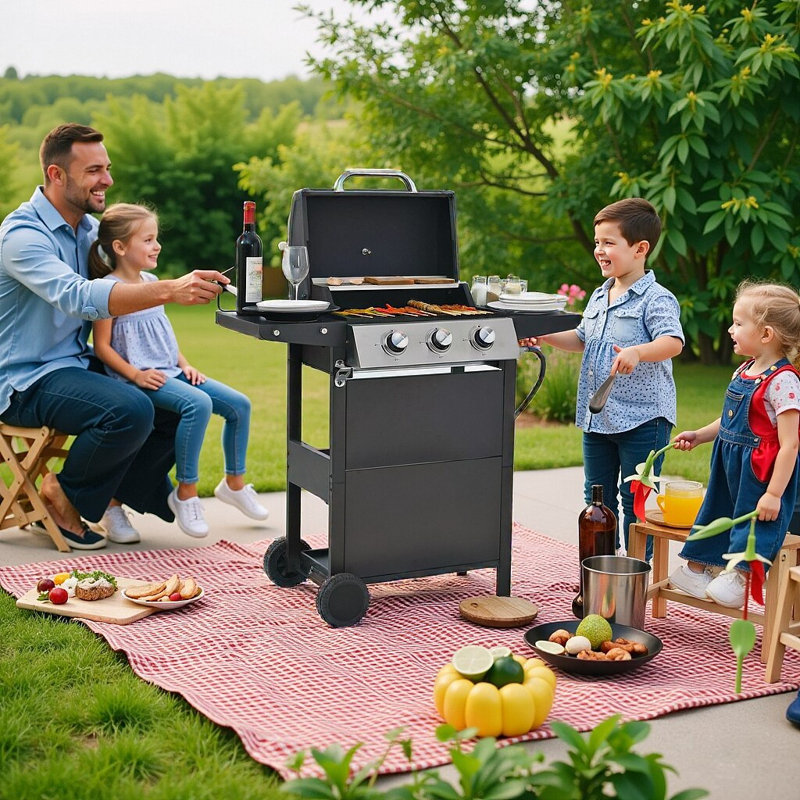 Barbecue au propane à 3/4 brûleurs, acier inoxydable, barbecue de patio de 26 000/37 000 BTU avec 2 tablettes et roulettes