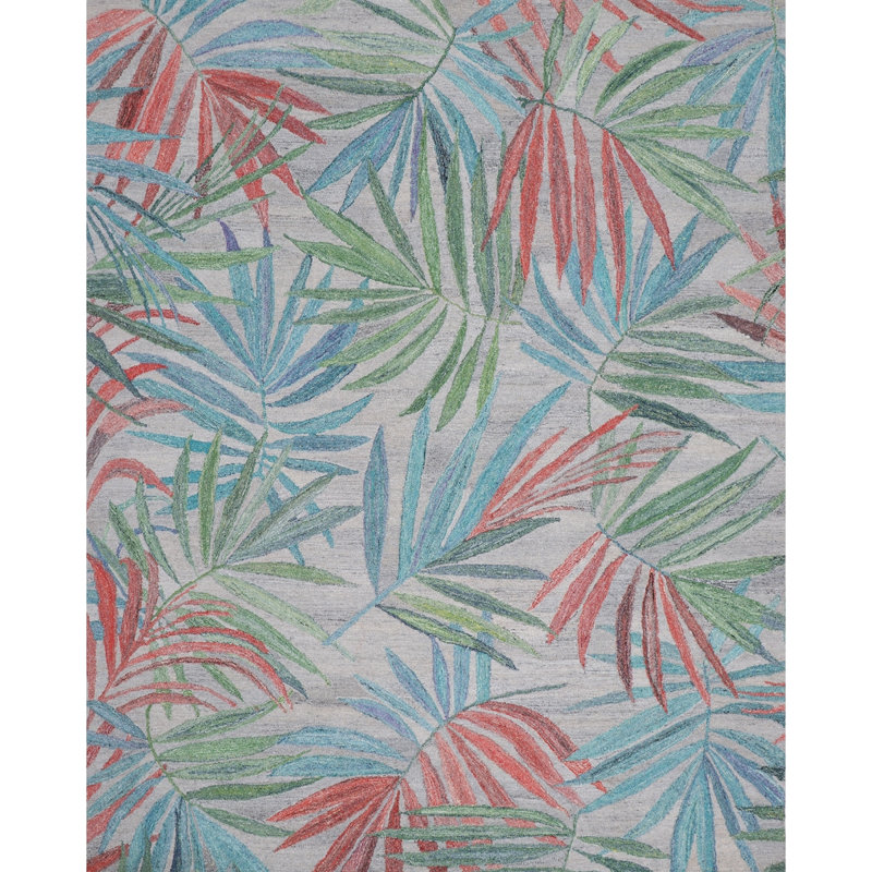 Palm Party Hand Tufted PET Indoor/Outdoor Rug in Gray/Blue/Pink, Rectangle 9' x 13'