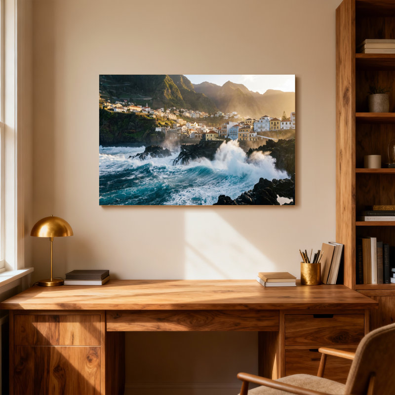 Paysage et nature Coastal Village Waves Mountains Sunset, H 32 po x l 48 po