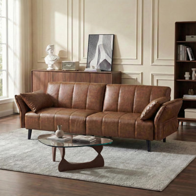 Faux Leather Convertible Sofa, Mid Century Modern Leather Futon Sofa Bed with Adjustable Backrest Armrest & Storage Pocket by Latitude Run