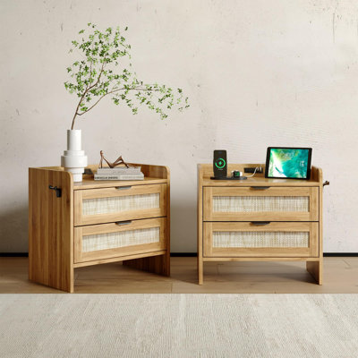 Rattan Nightstand Set of 2, Bedside Table with Type-C Charging Station - 2 Drawer Space, Boho End Table Side Table