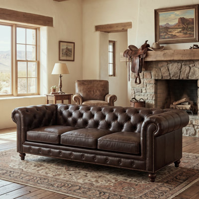 Canapé Chesterfield de 84,75 po avec accoudoirs à volutes et capitonnage profond, tissu gris