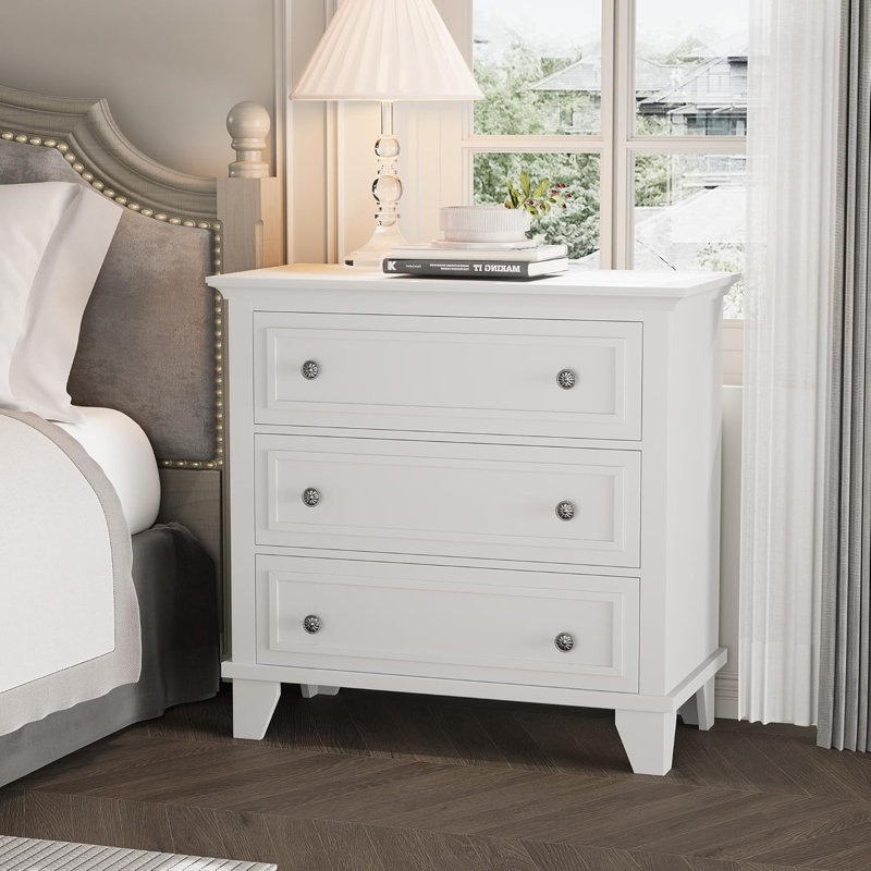 Commode 3 tiroirs - Table de chevet blanche rustique, petit espace, salon
