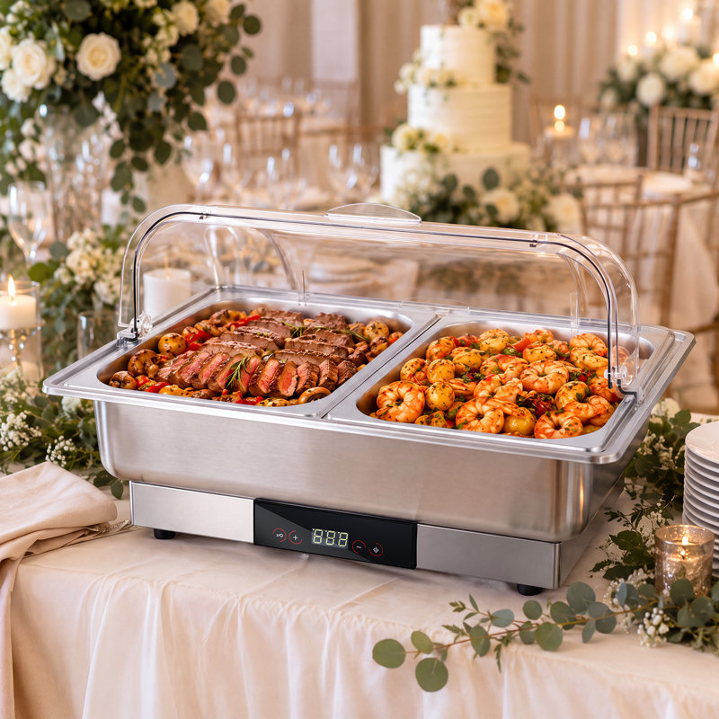 Chafing dish électrique pour buffet, 600 W, en acier inoxydable, avec commande tactile numérique, couvercle transparent à enroulement et bacs alimentaires de grande capacité et 2 demi-capacités.