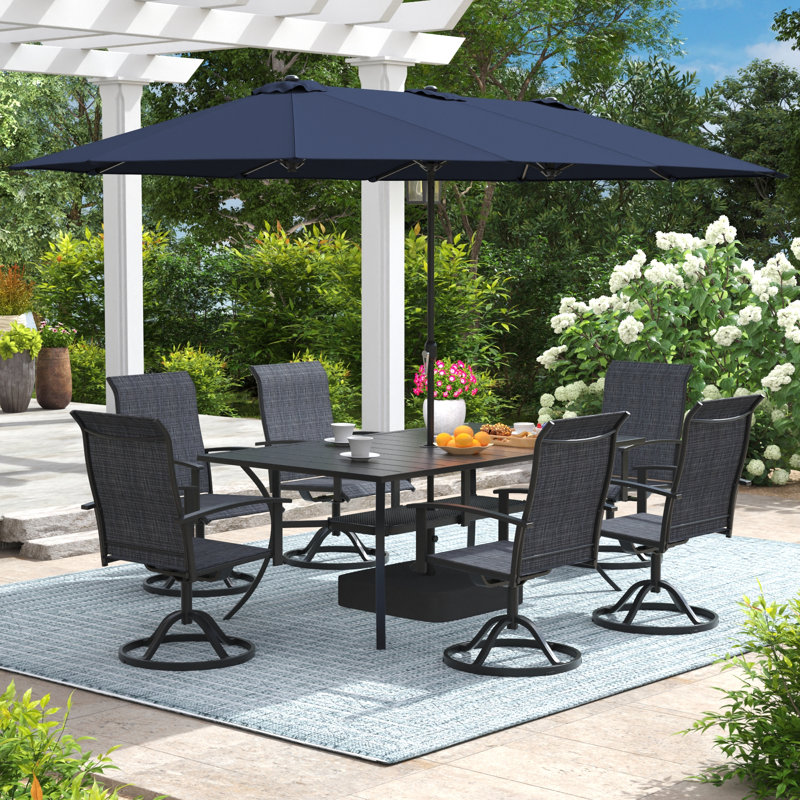 6-Person Rectangular Patio Dining Set With Umbrella & Textilene Swivel Chairs, Noir / Bleu
